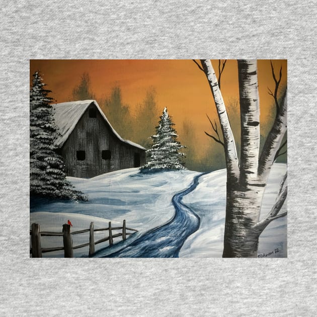 Snowy Barn and Birch by SistersInArtN